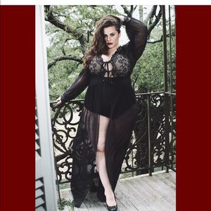 Long black lace and mesh robe